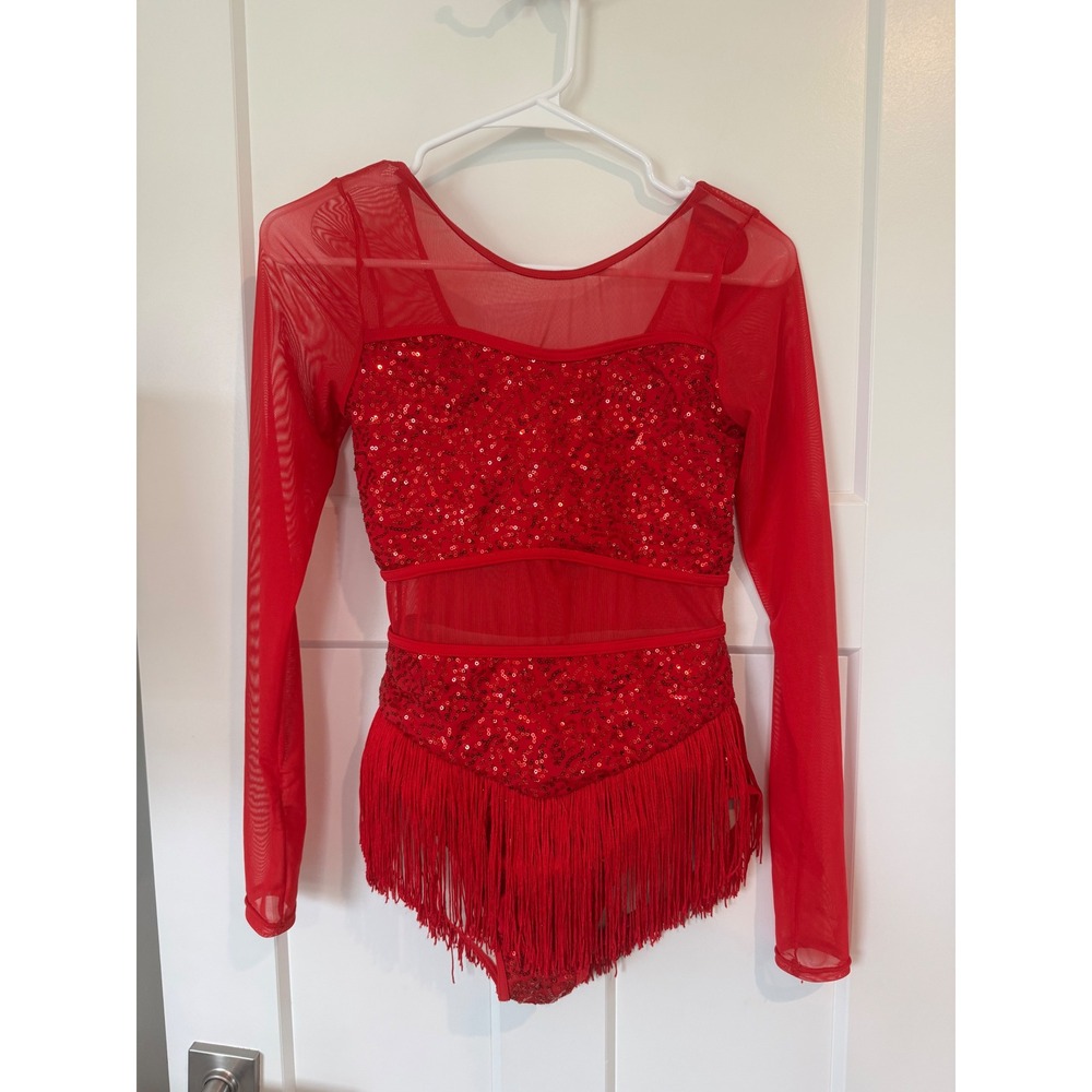 Weissman Red Sequin Fringe Long Sleeve Mesh Dance Leotard Costume Kids